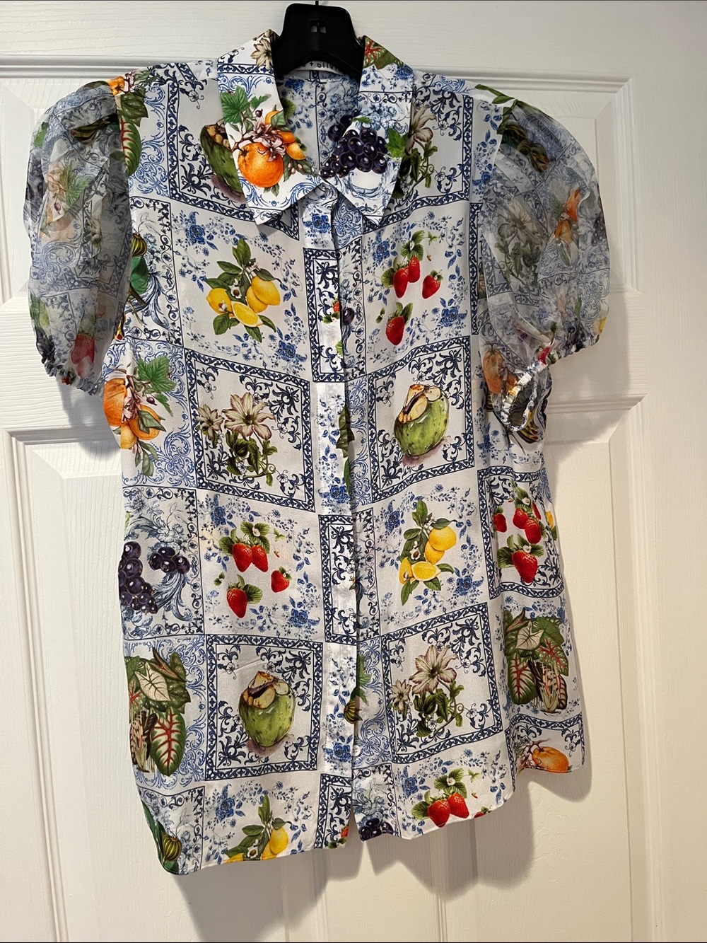 Alice + Olivia White Blue Multi Fruit Print Puff Sleeve Blouse - Picture 2 of 8